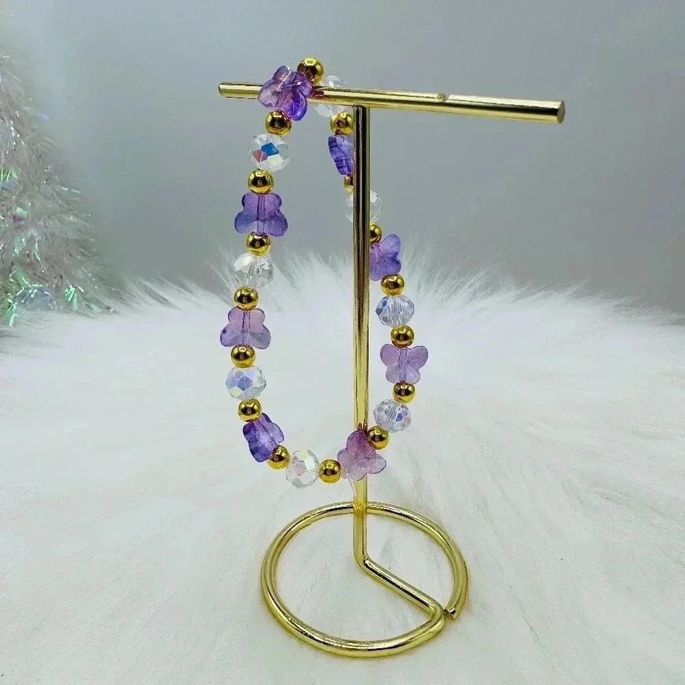 Purple Butterfly Charm Beaded Bracelet